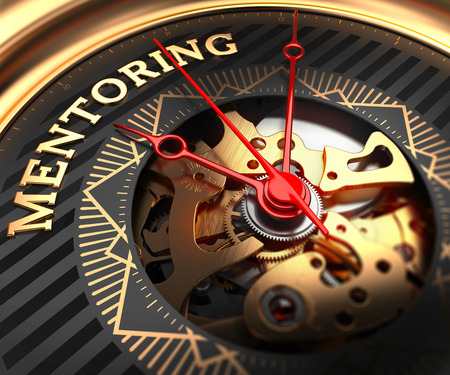 Modern Mentoring 2.0: The New Way to Run Mentoring Programs 6 Mentoring on black-golden watch face with closeup view of watch mechanism.