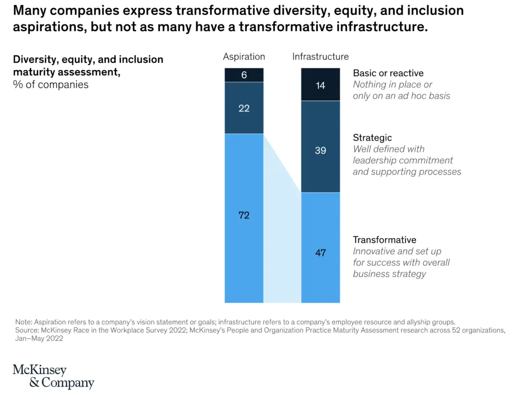 2024 Mentoring Trend: ERGs + Mentoring Turn DEI into ROI 8 McKinsey Chart for ERG and Mentoring showing DEI efforts are 72% aspirational and only 47% turned into infrastructure.