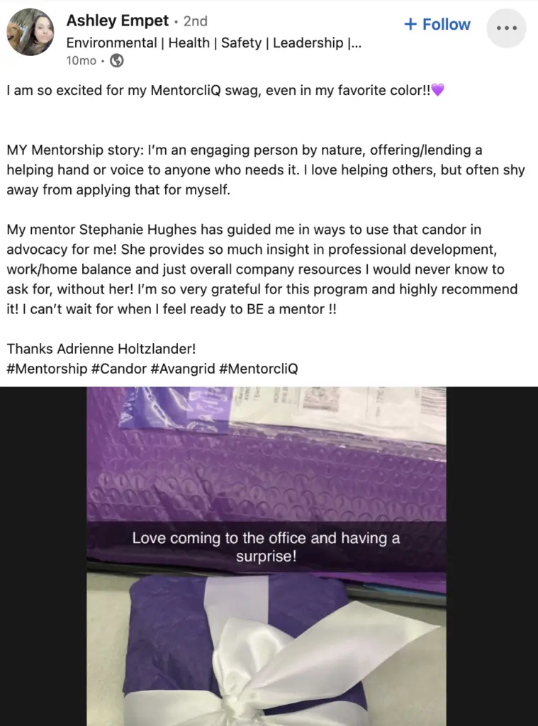 How to Structure a Mentorship Program with 10 Action Steps 5 A LinkedIn post from a mentee celebrating her mentoring success story thanks to a good mentorship program structure.