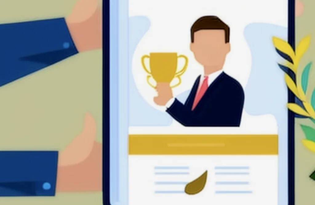 Employee Spotlight: Why Is It an Important Business Tool? 5 Hand-drawn image of employee recognition. Employee receiving golden award, displayed on a table screen.