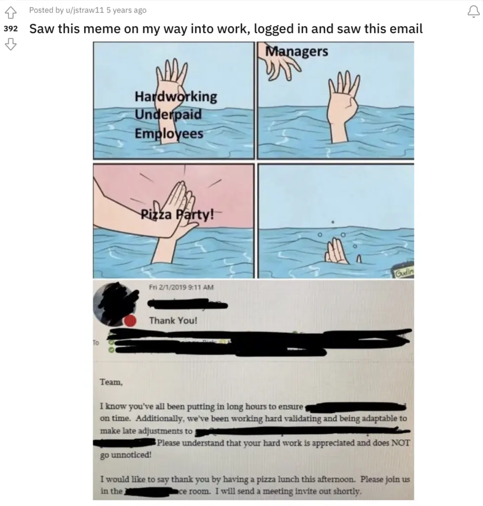 What Is Employee Engagement? A Mentoring Strategy for Talent Leaders 3 Image from Reddit showing pizza party as an employee engagment strategy.